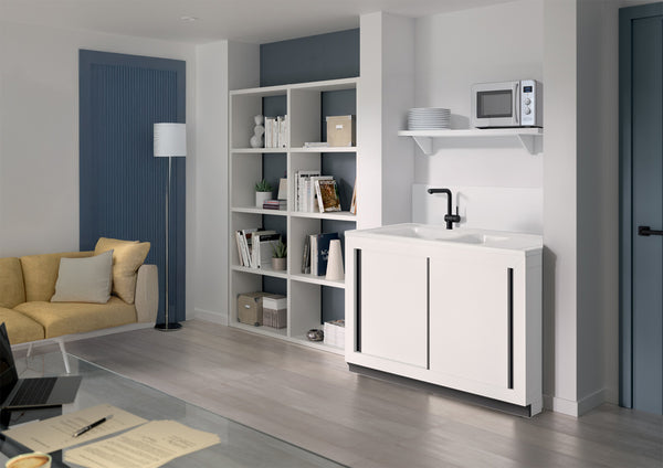 Concept meuble + évier NORMANDIE 120 composite à poser – 2 cuves – Portes coulissantes