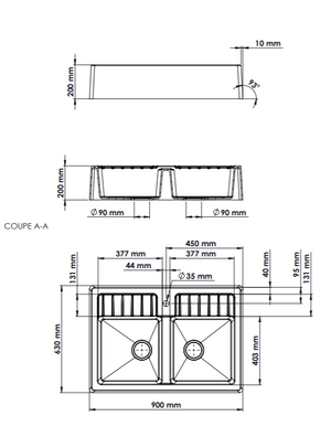 Évier Timbre d'office 2 bacs