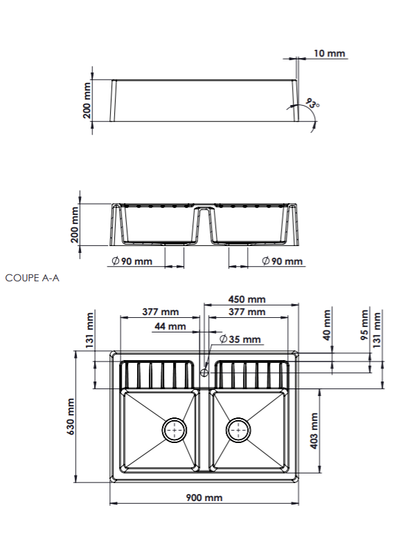 Évier Timbre d'office 2 bacs
