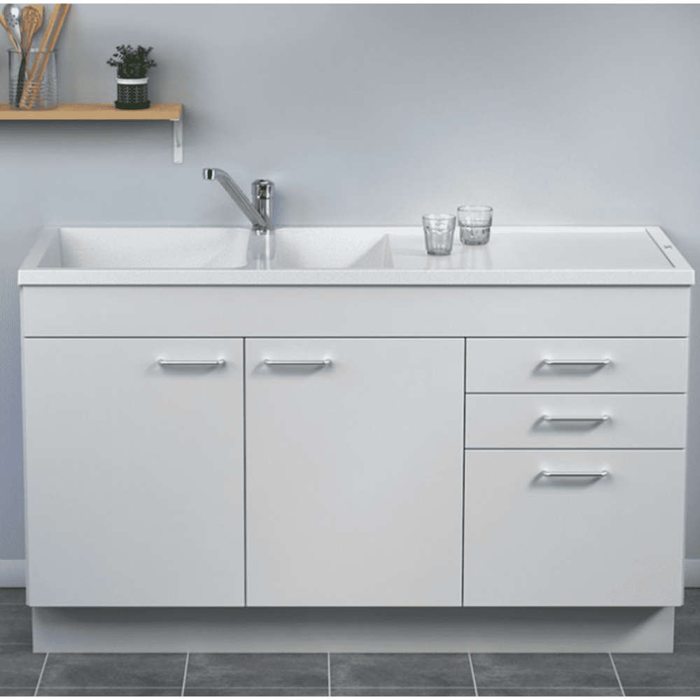 Meuble 140 blanc avec tiroir + évier blanc